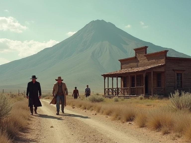 Imagen melancólica y tensa inspirada en el cine de Sam Peckinpah. Cerro de la Silla como telón de fondo. Hombres con apariencia endurecida caminando en un paisaje polvoriento. Luz natural que acentúa texturas.