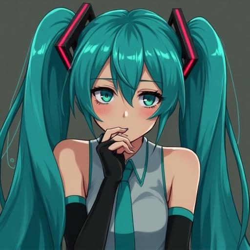 Miku Hatsune with teal hair and twin tails. She has blue eyes, wearing a sleeveless outfit. The background is simple. She has a calm expression.