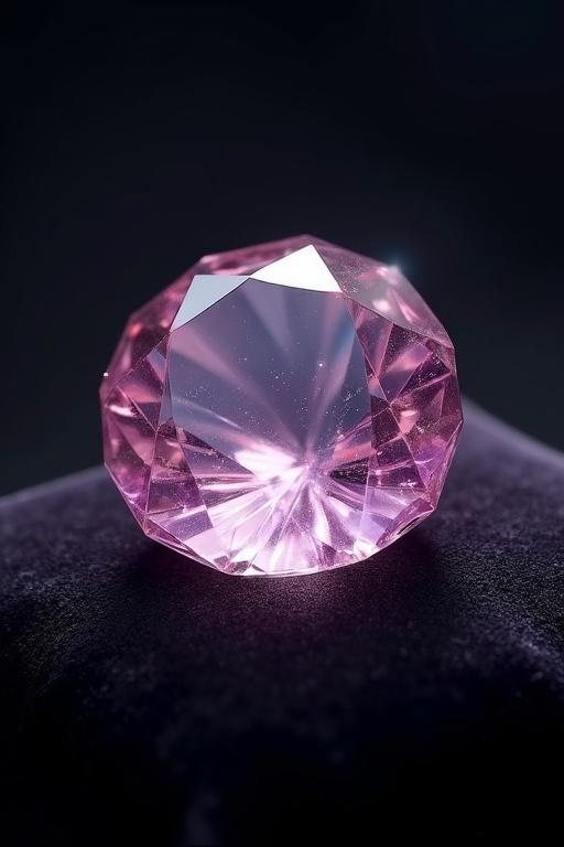 Close-up of a Poudretteite gemstone. Flawless transparent crystal. Soft pink to violet hues. Intricate reflections and sparkling facets. Placed on smooth black velvet surface.