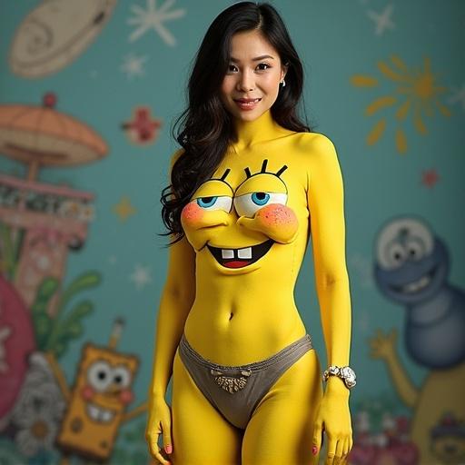 Full body portrait of a real woman painted as SpongeBob SquarePants. Bright colors dominate scene. Background features whimsical elements.
