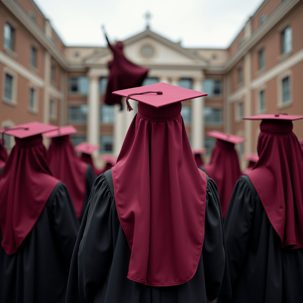 The image depicts a group of graduates in a ceremonial setting, presumably at a university campus. The graduates are wearing maroon graduation caps and gowns with hoods. The setting appears to be a courtyard surrounded by classical architecture, with a prominent building in the background featuring columns and a triangular pediment. One graduate is notably tossing their cap into the air, symbolizing celebration and achievement. The weather seems overcast, providing a neutral backdrop to the vibrant maroon attire.