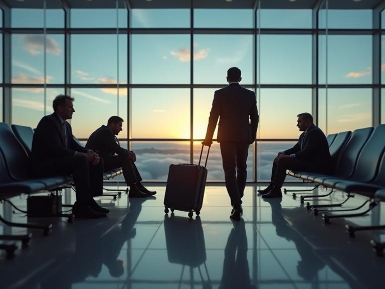Silhouette of a businessman walking towards a sunset at the airport. Other businessmen seated in the background. A corporate atmosphere with a focus on travel.