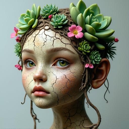 Surreal portrait features a human face with a cracked texture resembling aged stone or bark. Face adorned with green succulents and pink flowers. Twisted roots grow across forehead, cheeks and chin. Striking green eyes contrast earthy skin tones. Soft light grey background highlights natural fusion of flora and flesh.