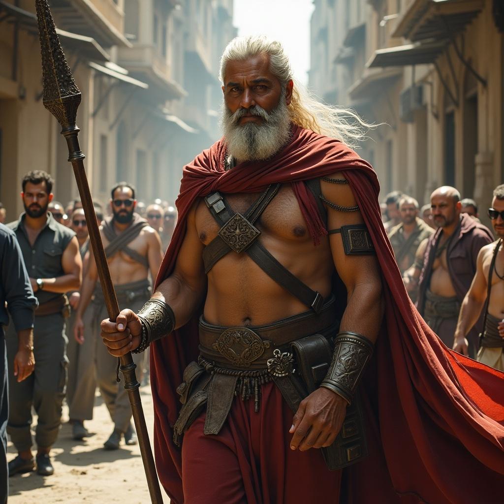 Heroic figure wearing armor and a flowing cape. Stylish spear in hand. Background shows a crowd of people in an ancient setting. Strong presence, conveying power and determination.