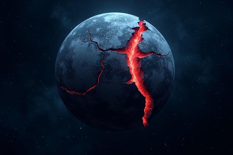 A dark blue starry background shows a globe. The globe has multiple red fault lines. The globe is cracked.