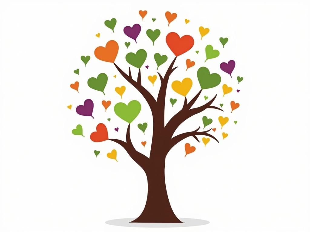 Create a vibrant tree design where the trunk is brown and solid, with branches stretching outwards. The leaves should be colorful, incorporating shapes like hearts and teardrops in various hues including green, orange, purple, and yellow. Emphasize a playful and cheerful spirit through the arrangement of leaves, making sure to overlap some for a fuller appearance. The background should be white to enhance the colors of the tree and leaves. Lastly, add a subtle shadow underneath the trunk to give the tree a sense of depth.