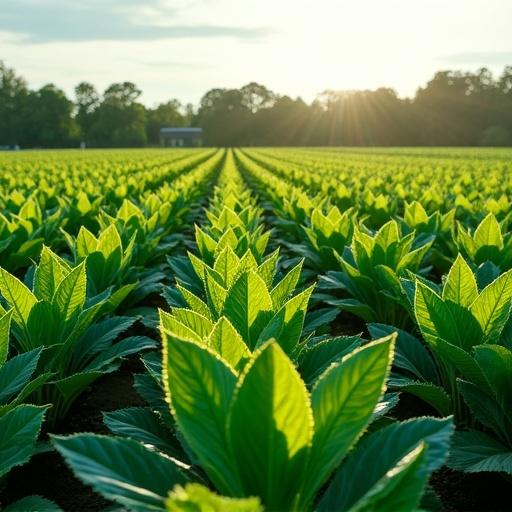 Field filled with healthy tobacco plants under sunlight during golden hour. Rows of green plants stretch towards the horizon.