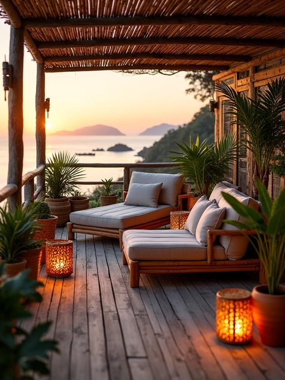 Cozy tropical sunset deck with ocean view Organic materials and lush plants Warm inviting atmosphere Perfect for relaxation Rainy day outdoor oasis Furniture features soft cushions and wooden structures Deck adorned with lanterns