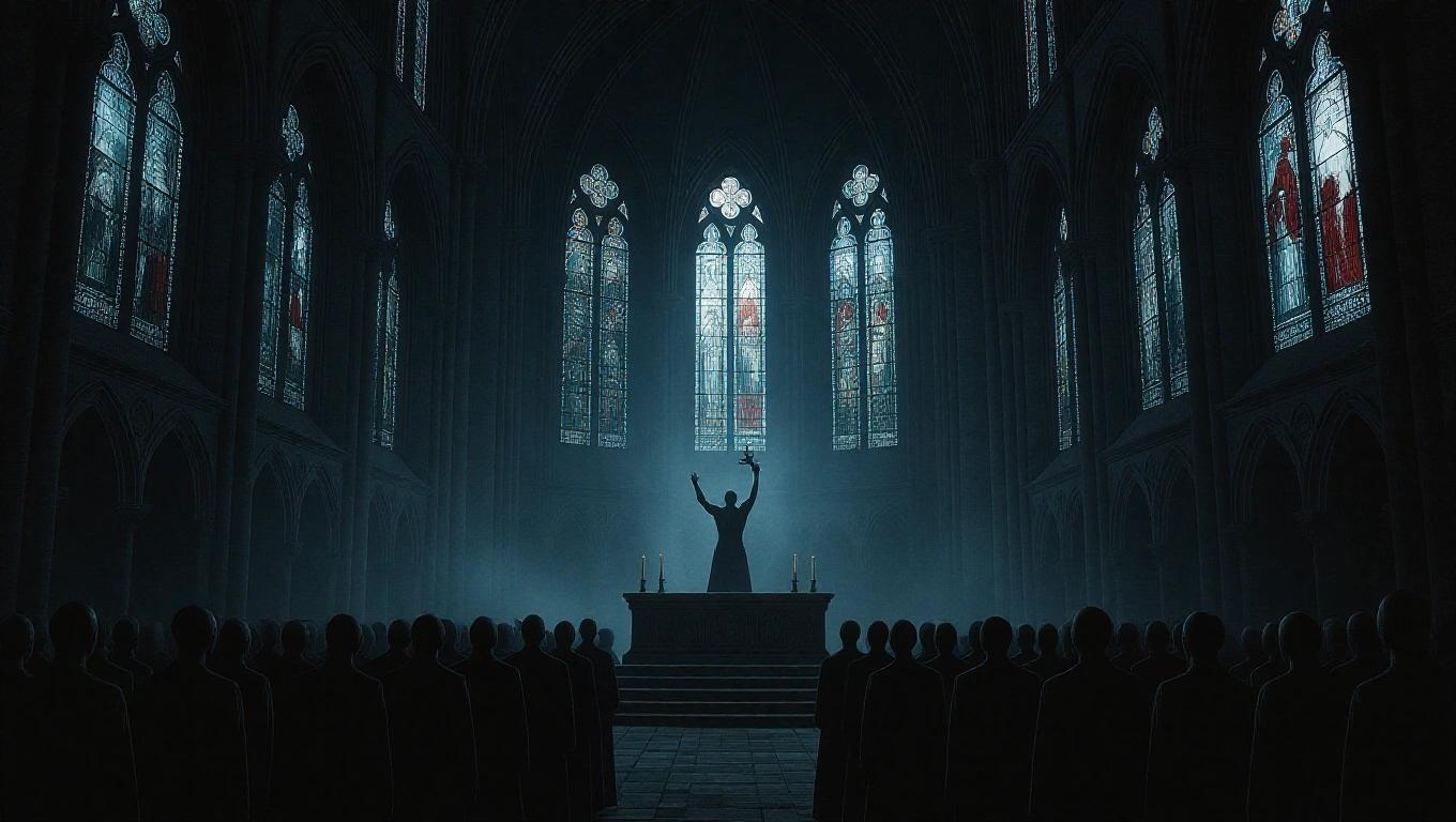 Hyperrealistic urban horror scene inside decaying cathedral with tall stained glass windows. Anonymous figures stand facing raised altar. Dark figure holds symbolic object under light. Atmosphere heavy with smoke and dust. Cinematic gothic style reflecting ancient rites.