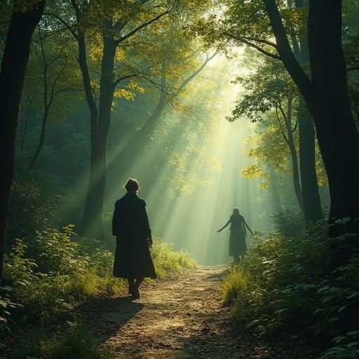 A scene from a tale about a forest that changes color based on the emotions of those who enter. Two figures walk on a path. Sunlight filters through the trees. Shadows create a mystical atmosphere.