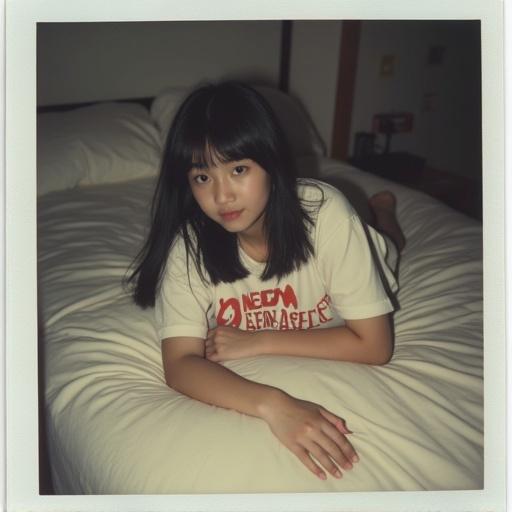 Polaroid photo showing a girl in a Neon Genesis Evangelion t-shirt laying on a bed. Soft lighting enhancing her features. The scene captures a relaxed atmosphere.