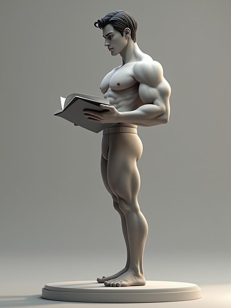 Hyper-realistic 3D model of a muscular male figure in standing pose. He is studying and holding a book. The model is clean with a serious expression and short dark hair.