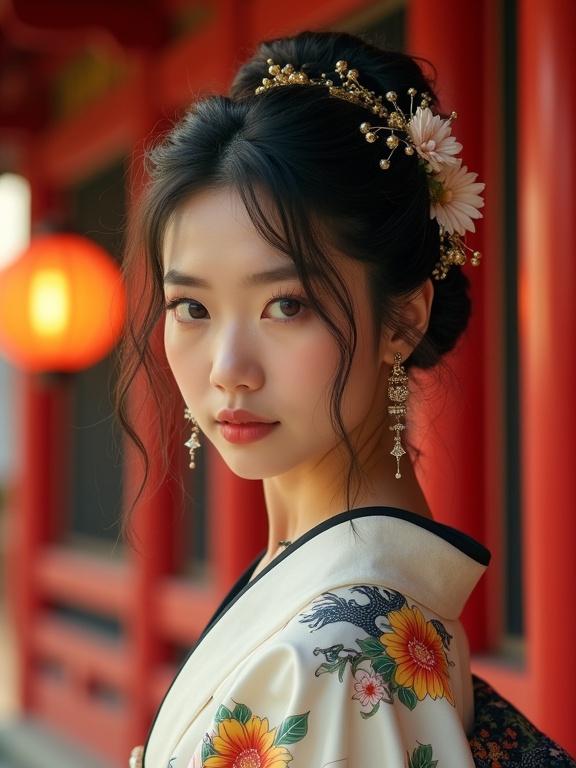 Young Asian woman wearing traditional Japanese kimono stands in front of red temple. Temple decorated with orange paper lanterns. Detailed hairstyle features dark curly hair with complex styling adorned with gold beads and chrysanthemums. Brown eyes highlighted. White kimono has red-yellow floral pattern with black lining. Black tattoo resembling clouds and dragons on shoulder. Silver cape earrings and thin bracelet worn. Background showcases red wooden building with black frames. Soft lighting from golden sunset enhances the scene, creating natural shadows and warm tones. Vignette effect on edges. Film-like atmosphere with analog depth.