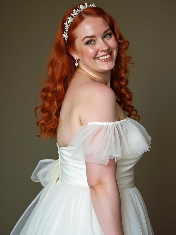 Twenty year old woman in a white wedding dress. Young redhead with a round face. Side view. Playful pose. Happy expression. Elegant look.