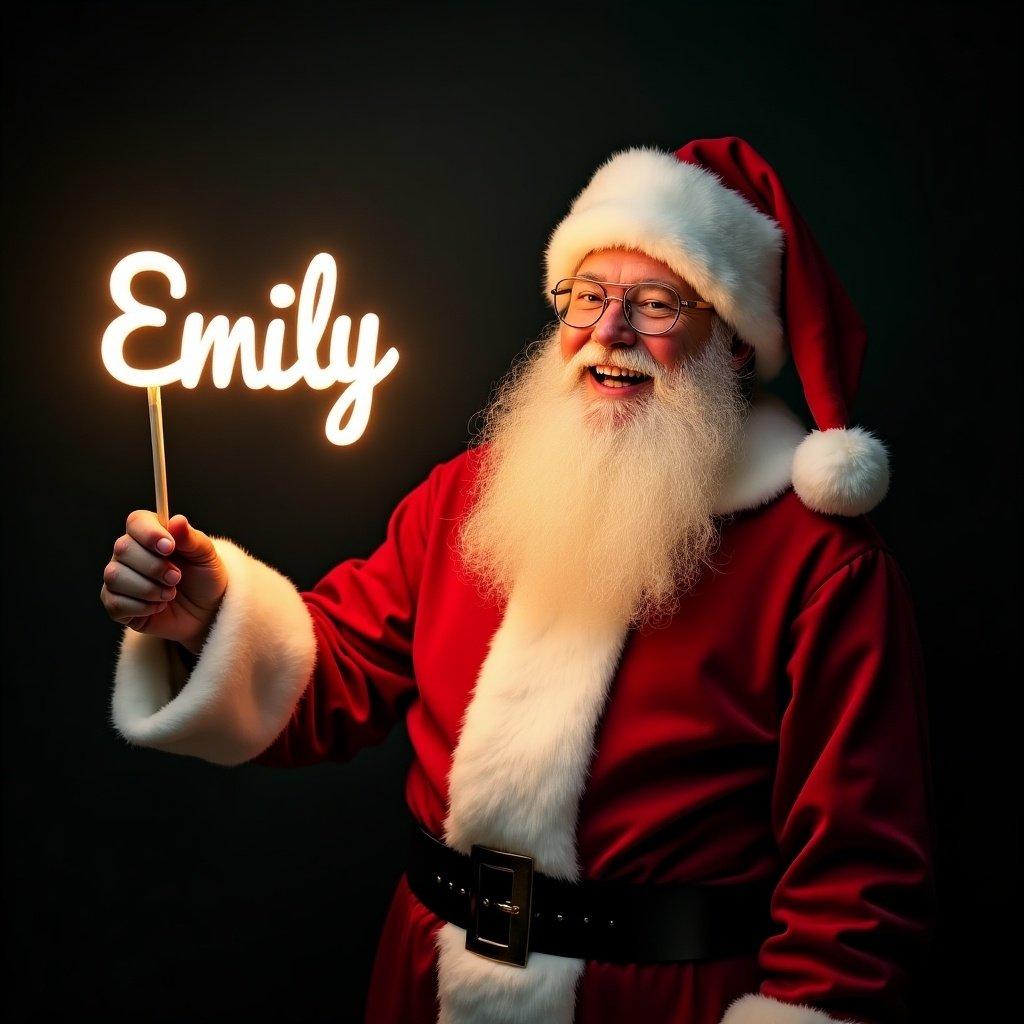 This image features Santa Claus in his classic red and white suit. He is cheerfully holding a glowing stick that forms the name 'Emily.' Santa's demeanor is full of warmth and holiday spirit. The dark background adds emphasis to the bright light of the text. This festive scene captures the magic of Christmas and the joy of the season. It's ideal for conveying holiday wishes and excitement.