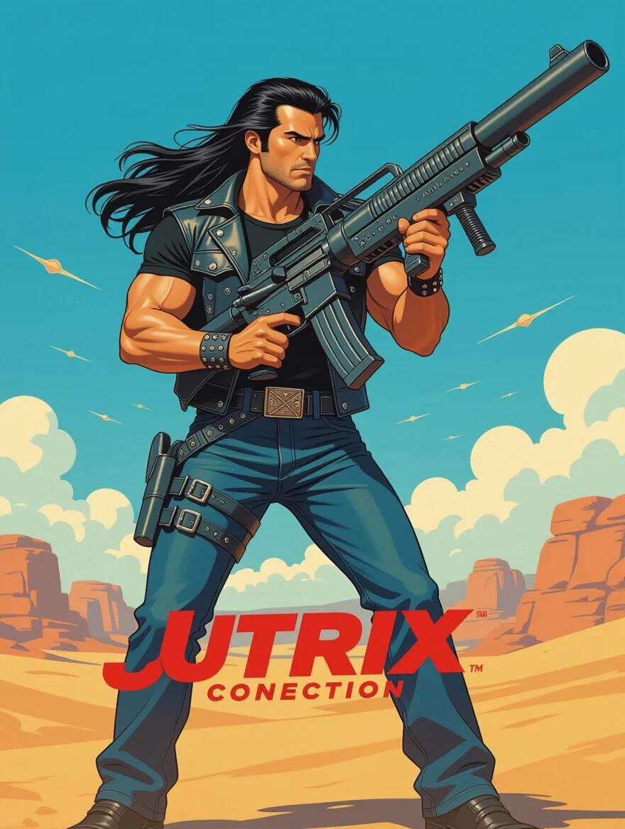 80s inspired action movie poster featuring a powerful hero. Hero wears black shirt and jeans. Long sleek hair present. Hero holds a large gun. Vivid colors enhance visual impact. Full body view. 3D art style. Desert backdrop with blue sky and mountains.