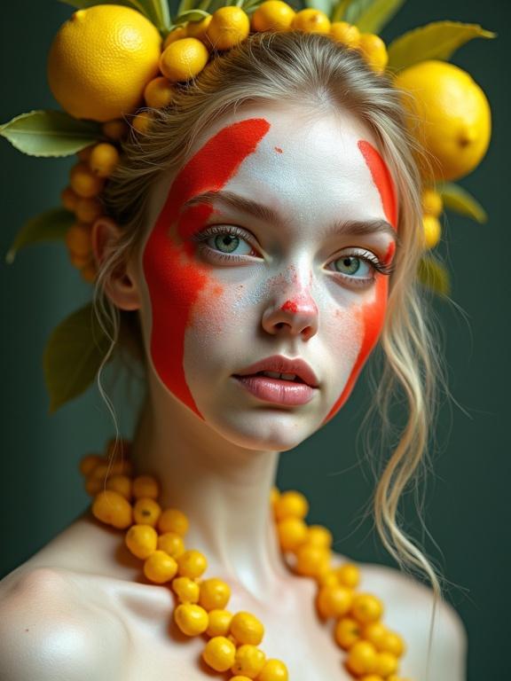 Portrait of a woman with artistic face paint in red, yellow, and white. Hair made of lemons with garlands. Woman has big eyes and pale skin. High-detail photography in artistic style.