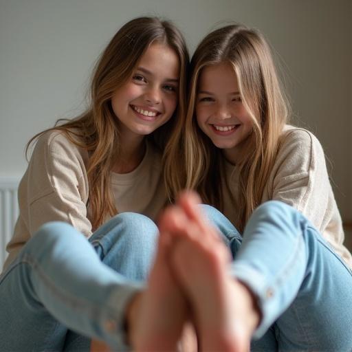 Two girls are smiling while sitting closely. Each girl inspects the other's feet. They wear light jeans. A cozy atmosphere is portrayed in the image. Wide angle shot.