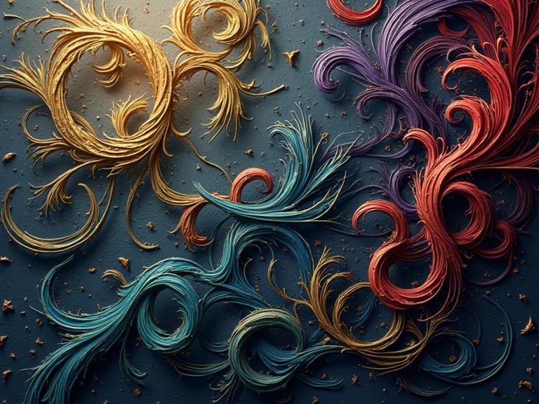 Digital illustration on dark gray backdrop featuring ornate aesthetic. Abstract composition showcases interwoven lines and shapes. Colors include blues, teals, reds, and purples with metallic gold outlines. Textured fibrous quality with twists and curves. Emanating light with golden glow enhancing depth. Style blends classical and decorative art.