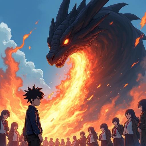 Anime-style illustration features a boy with spiky black hair and a bored expression in a dark hunter outfit inspired by Solo Leveling. He nullifies a fire attack from a massive black dragon with glowing red eyes. The background includes a clear sky, school buildings, and shocked students in uniforms.