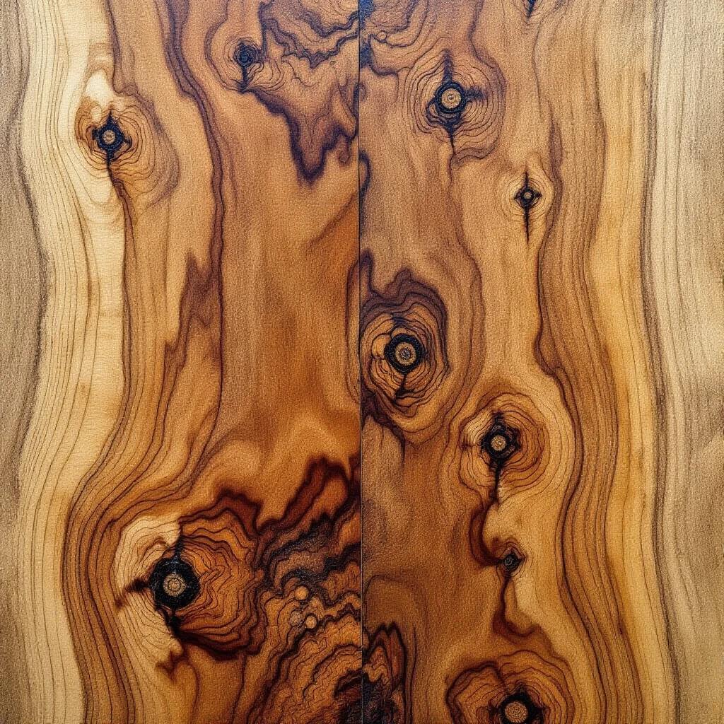 Detailed close-up view of wood texture. Rich wood grain visible. Unique natural patterns with dark and light colors. Aesthetic appeal emphasized.