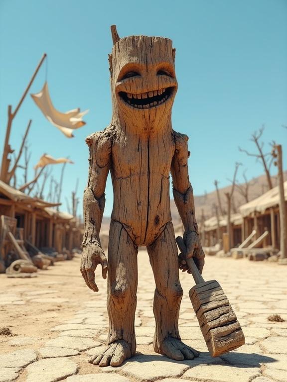 A humanoid figure made from aged, sun-bleached wood stands in a desolate landscape. The wood is splintered and cracked. The head is a vertical log with tree rings and chipped bark. Features include a broken smile and uneven eye sockets. It holds a worn wooden bat. The surroundings show remnants of a forgotten market with collapsed structures and torn flags. The sky is bright blue, contrasting with the haunting atmosphere of loss and decay.
