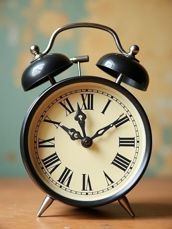 Vintage mechanical alarm clock with bells on top. Retro 1950s style shown. Classic design features Roman numerals. Nostalgic color palette emphasizes the look.