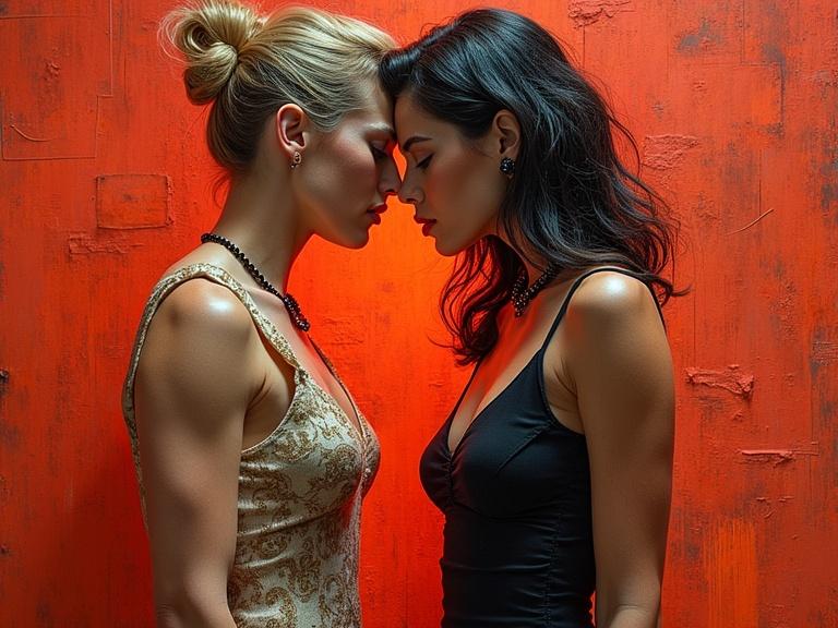 Mixed-media art inspired by the movie 'Body Heat'. Two women are facing each other closely. Strong emotions are conveyed through their posture. Warm colors dominate the background. The art showcases a sense of intimacy and tension.