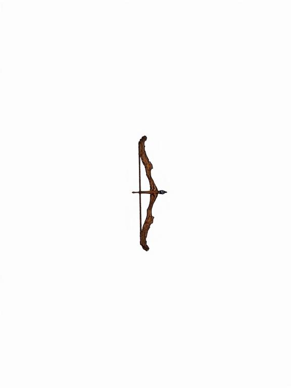 Wooden bow with a bowstring shown as an icon. Transparent background emphasizes the bow's details. Suitable for ARPG games as a weapon asset.