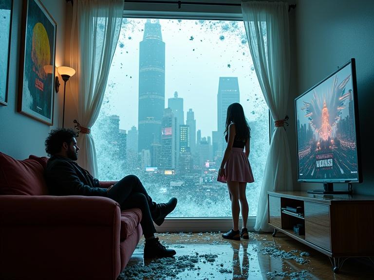 First-person view from a couch in a small cyberpunk-style apartment. Large panoramic window shows a crowded futuristic megacity. Glass shatters and a massive wave of water bursts into the room. A large TV on the wall shows news. A young woman stands near the TV with shards of glass flying around.