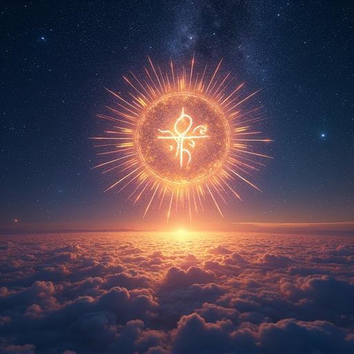 A cosmic-style Lord Rama symbol pulses with light as sound waves ripple across galaxies. Glowing Sanskrit symbols float in the sky.