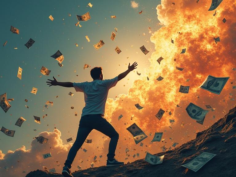 Illustration of an excited person celebrating substantial earnings from cryptocurrency trading with flying dollar bills and Bitcoins, set against a backdrop of an explosion and increasing price chart.