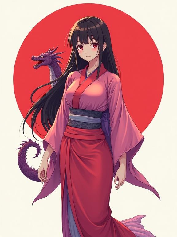 Digital anime-style drawing of a young woman with long dark hair wearing a pink and purple kimono with a high slit. She stands against a plain white background. There is a dragon illustration beside her.