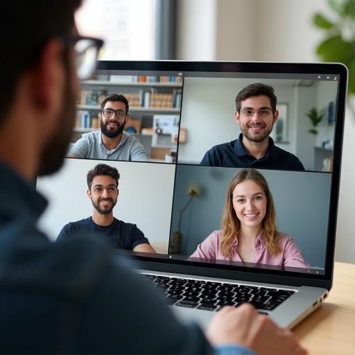 Photo of a virtual meeting happening on a laptop screen. Four people shown in a grid. Viewpoint is from behind a participant's shoulder. Screen takes up the right two thirds of the frame.