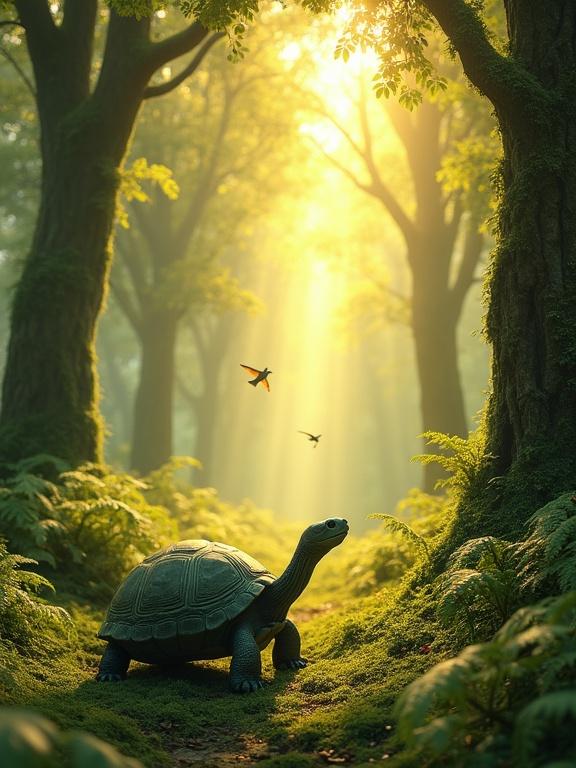 A forest with soft golden light and towering trees. Birds are flying among the branches. Ferns grow on the lush forest floor. A turtle walks on a mossy path with a smooth, worn shell and kind eyes. The atmosphere is peaceful and meditative.