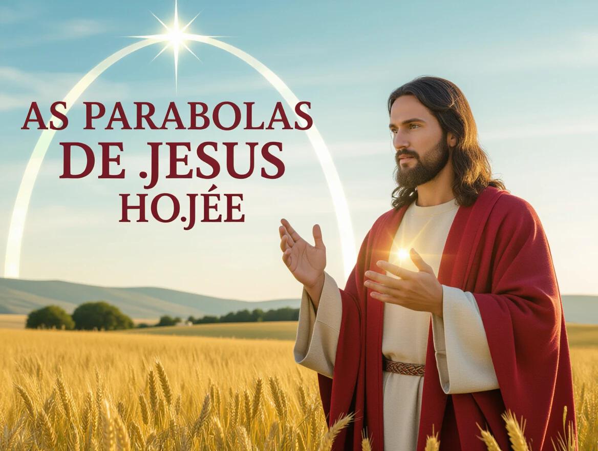A religious figure representing Jesus stands in a golden wheat field. The sky is bright and serene. The figure is in a red robe and is gesturing as if teaching. The text "As Parabolas de Jesus Hoje" is above him. The overall atmosphere is peaceful and enlightening.