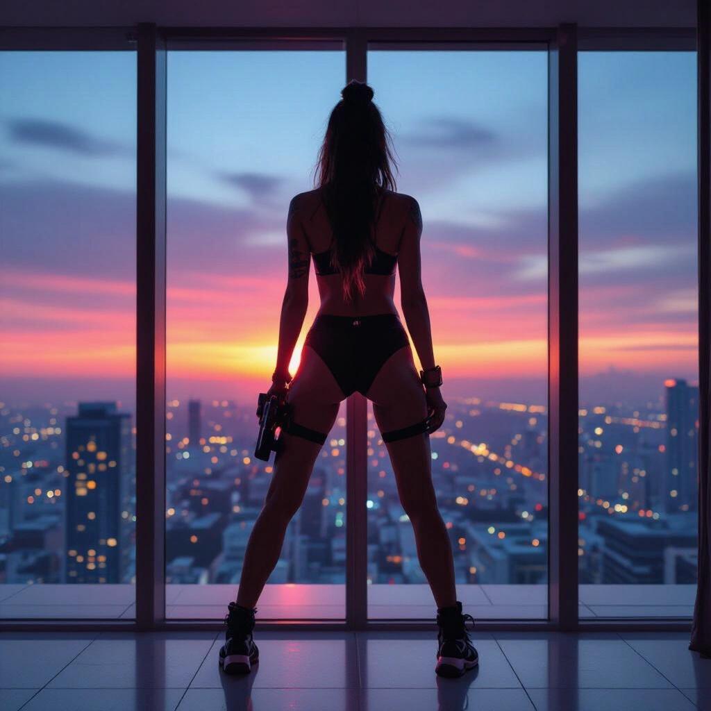Distance shot of a tattooed woman in a sleek outfit stands confidently in a luxury penthouse. Back is turned showing a powerful stance. City skyline visible through large windows at sunset. Dark colors with vivid skyline contrast.