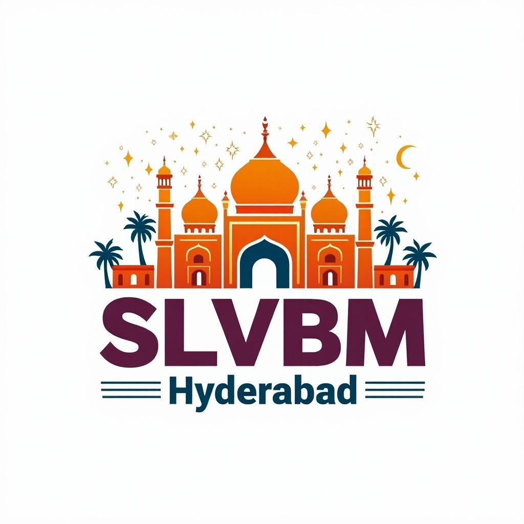 The logo features a vibrant design representing Hyderabad's cultural heritage. It showcases iconic Mughal architecture, particularly a grand dome and minarets, accompanied by palm trees suggesting a tropical setting. The color palette incorporates warm oranges reminiscent of sunsets, balanced against dark blue for contrast. Bold text displays the channel name 'SLVMBM' prominently, with 'Hyderabad' underneath in a complementary style. The overall look is modern, appealing to a digital audience while honoring traditional influences.