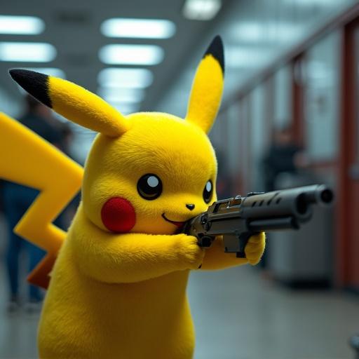 Pikachu in a hallway. Pikachu holds a handgun. Pikachu appears mischievous. Pikachu wears a confident expression. Background features a bank interior. Some blurred figures are seen in the background.
