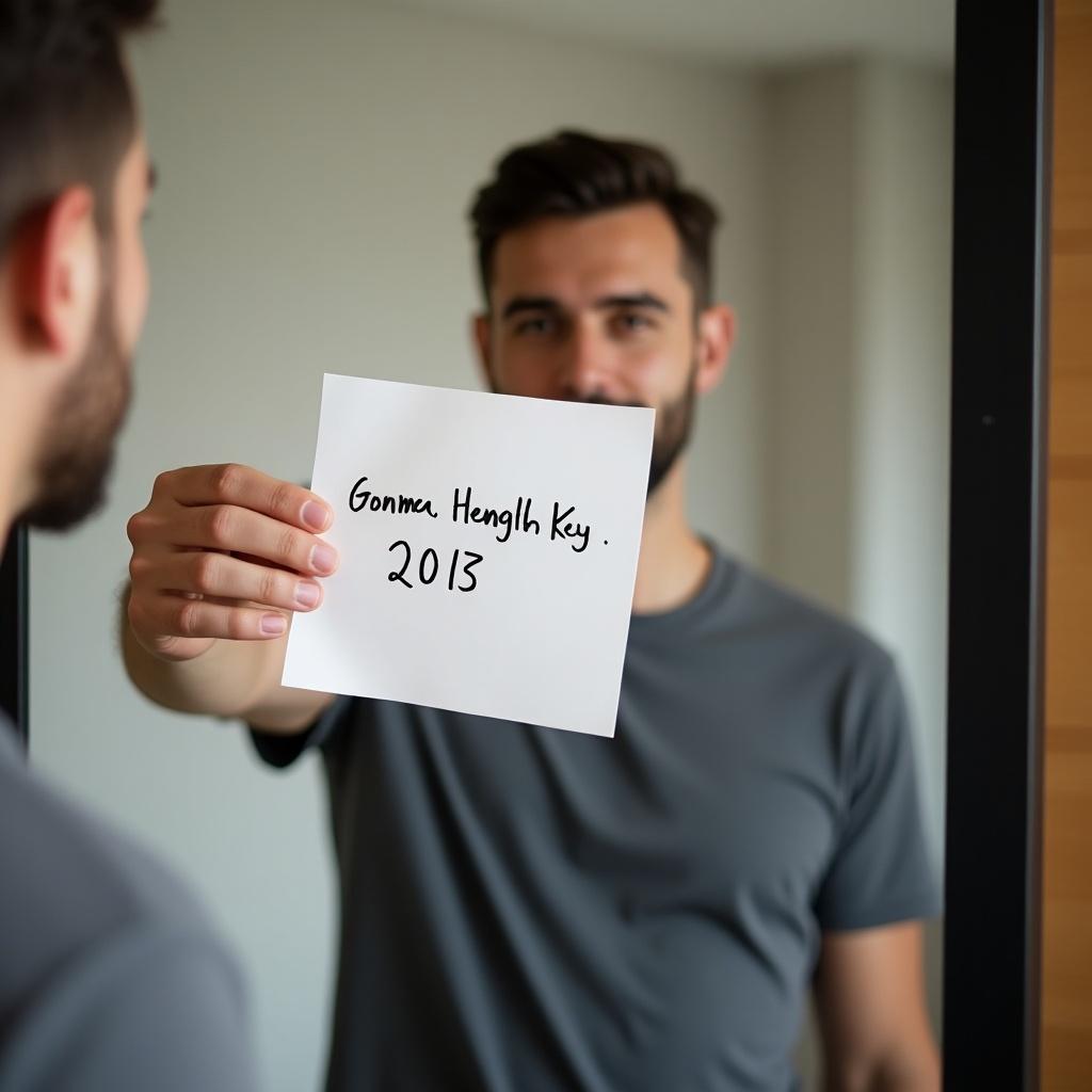 The image shows a man holding a piece of paper in front of a mirror. There is a handwritten email address and a date on the paper. The setting is a neutral indoor space with soft lighting. The paper is prominently displayed, highlighting a personal touch.