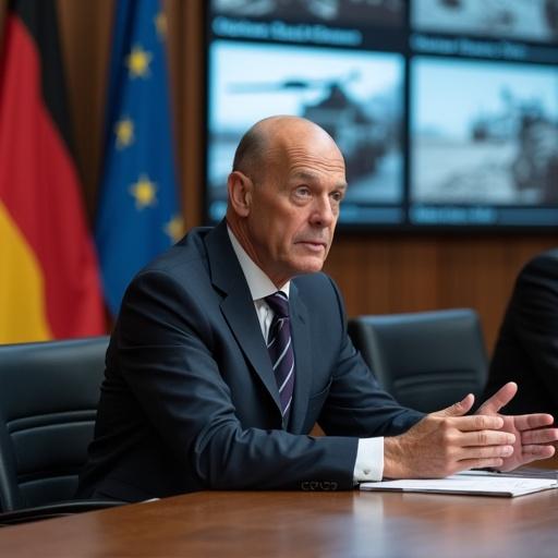 German Chancellor is seated at the conference table. Discussing support for Ukraine with cabinet members and defense experts. Room features German flags. Projected images show military equipment.