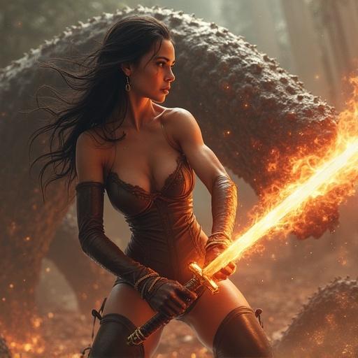 Image of a woman in a revealing body suit fighting a tentacle monster. She wields a sword made of fire. The scene suggests a dramatic confrontation between the woman and the monstrous creature.