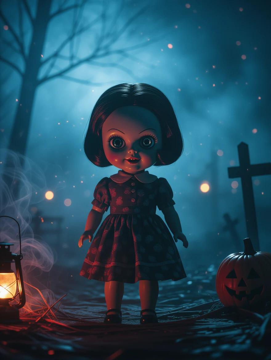 Ultra HD 8K portrait of a Labubu doll in dark horror environment. Swirling mist and glowing embers. Background hints of abandoned carnival or haunted forest with flickering lanterns. Doll has creepy expression, shiny eyes with glowing reflections. Dramatic shadows with deep blues and greens. Soft bokeh creates unsettling depth. Highly detailed textures, vintage aesthetic with film grain. Shot with high-speed camera for clarity and depth. Style combines gothic whimsy and surrealism.
