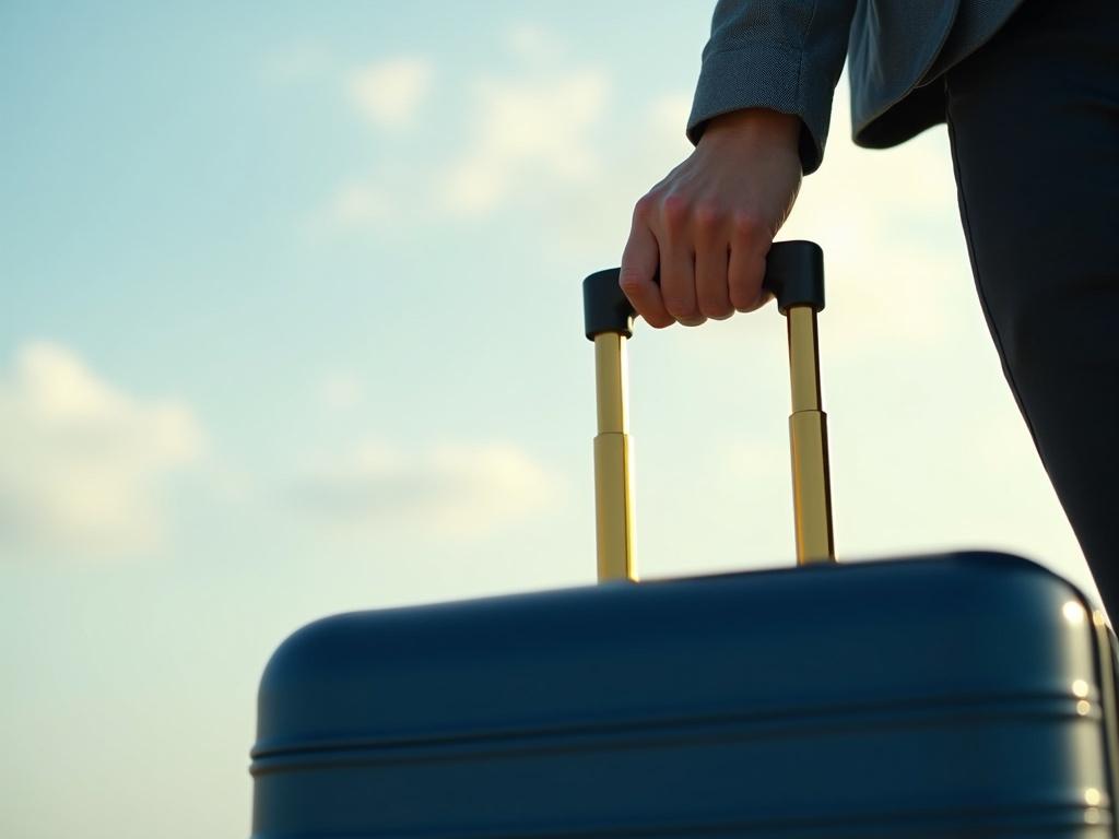 Close-up of a hand pulling a dark blue suitcase. Suitcase has a golden telescopic handle. Background blurred with a bright sky. Focus is on the hand and suitcase highlighting colors.