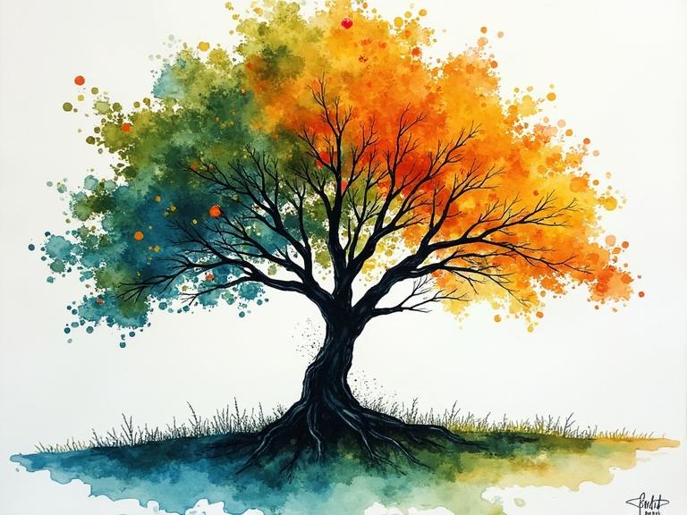 Colorful tree illustration in wash style. Tree has leaves in orange, green, and blue. Artistic rendering with detailed branches and roots. Nature theme conveys summer and beauty.