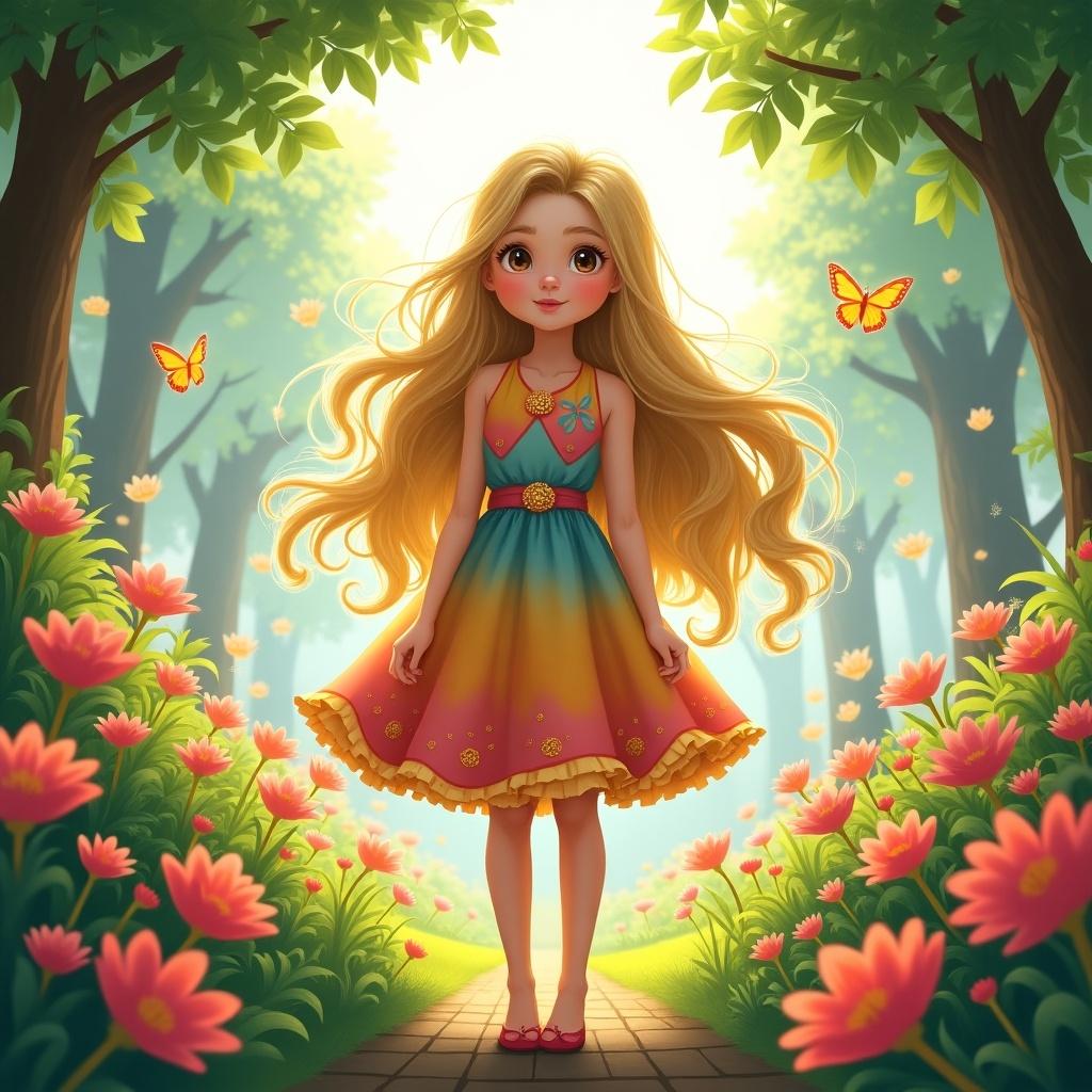 Young girl with long blonde hair in a colorful dress standing on a path in a vibrant flower garden surrounded by trees and butterflies.