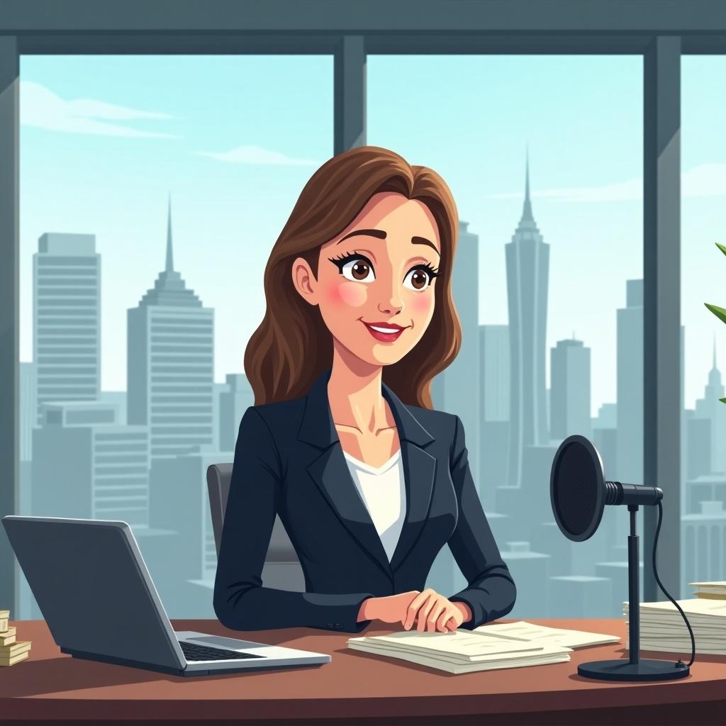 Animated image of a host sitting in a sleek office facing the viewer. Engaging expression and stylish business attire. Office with wide windows showcasing a skyline. Natural light brightens the space. Desk has a microphone, laptop, and organized documents. Subtle animations add energy to the scene.