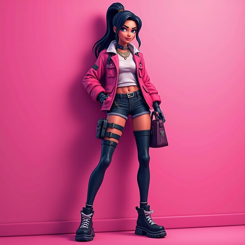 Stylized female character in a trendy outfit stands against a bright pink wall. Confidence and style are evident. Outfit is casual with edgy elements. Character is designed for digital gaming culture.