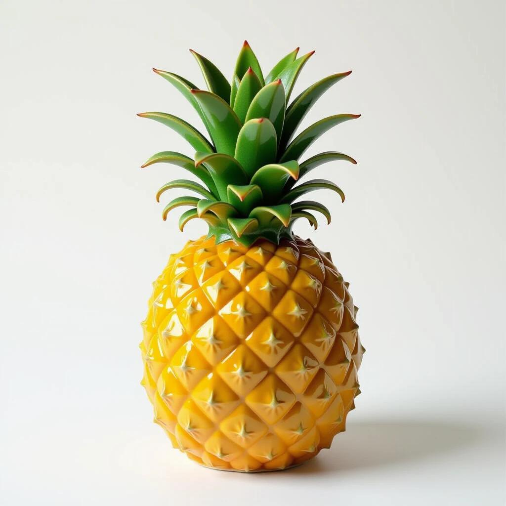 A decorative pineapple made of porcelain with a yellow body and green leaves. The surface shows intricate diamond patterns typical of traditional pineapple design.