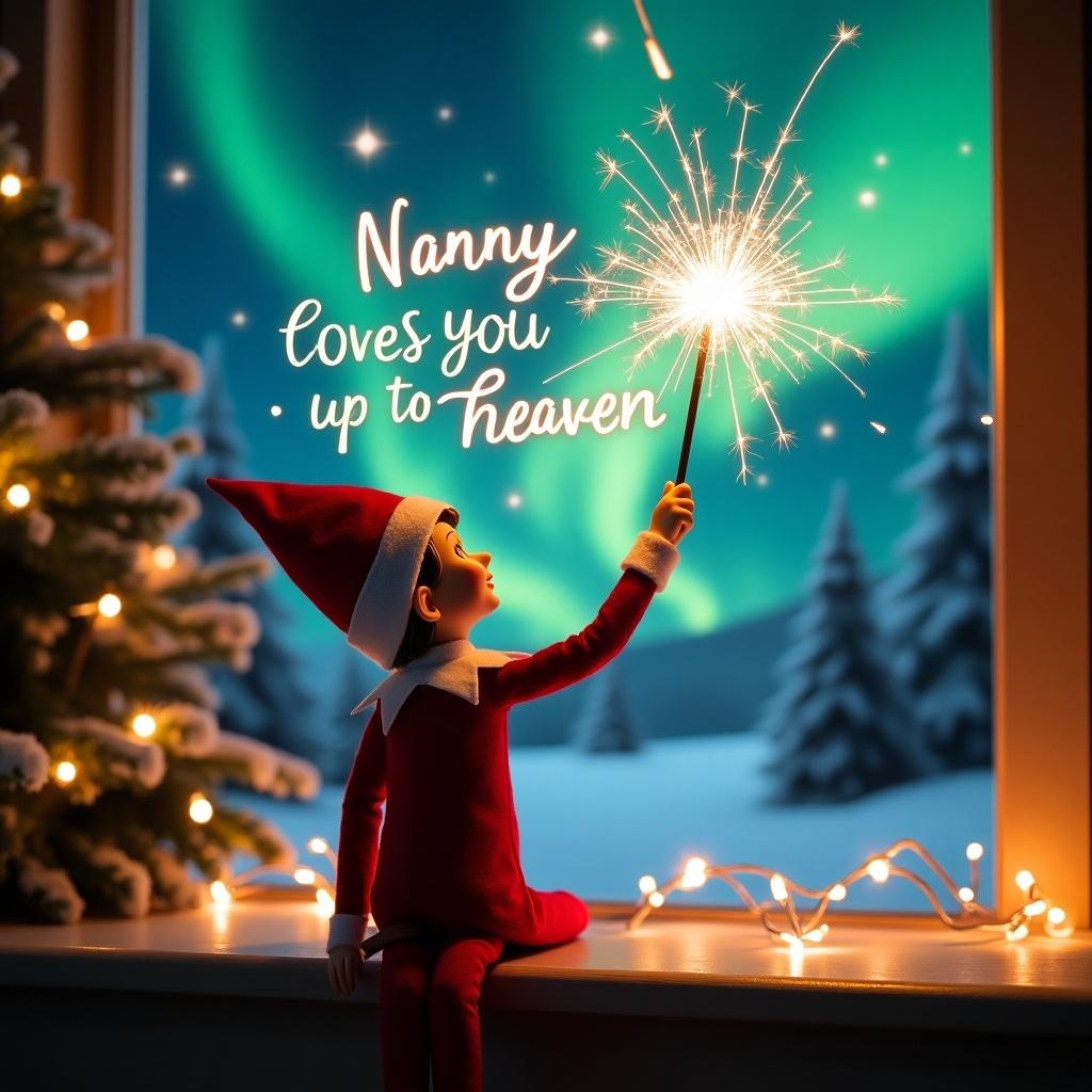 Enchanting Christmas scene with an elf dressed in red and white. The elf uses a magic wand to write 'Nanny loves you up to heaven' in sparkler script. Background features northern lights. The scene is festive and whimsical, capturing the spirit of Christmas.